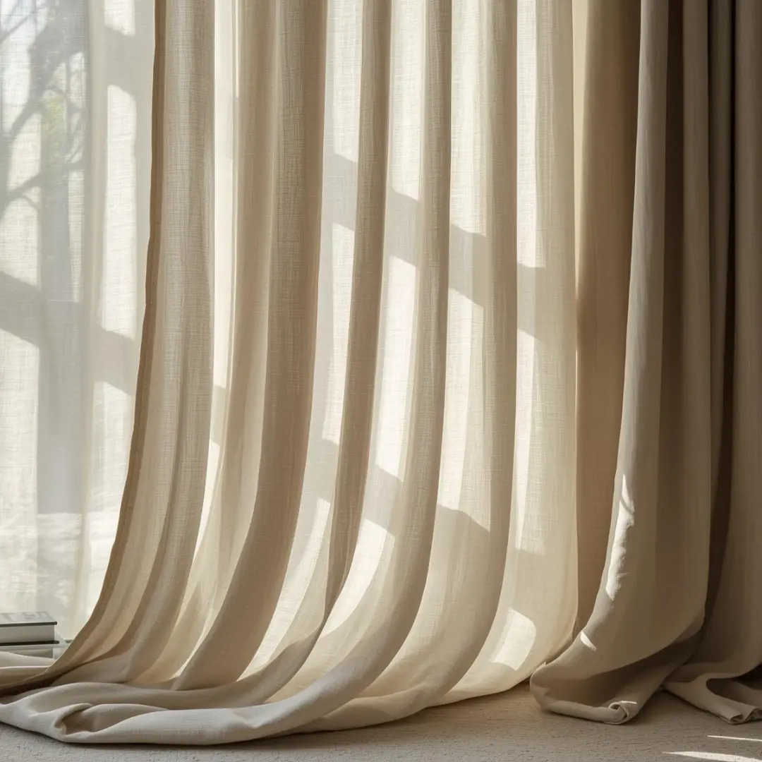 Luxurious greige linen drapery with wave folds in elegant interior