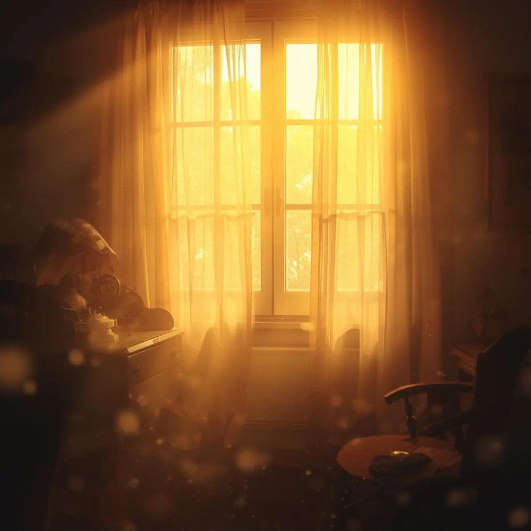 Soft golden light filtering through translucent sheer under-curtains