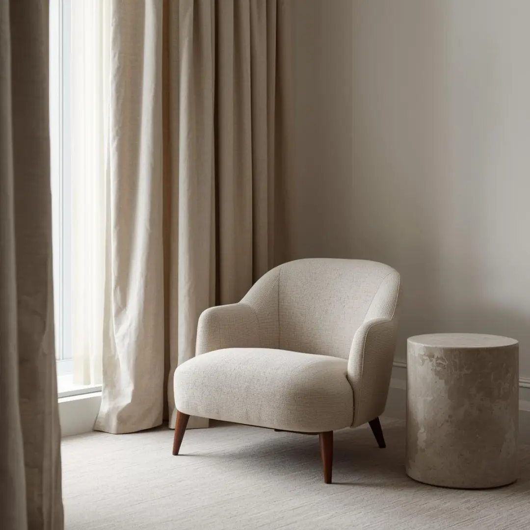 Boucle armchair and stone side table with elegant drapery